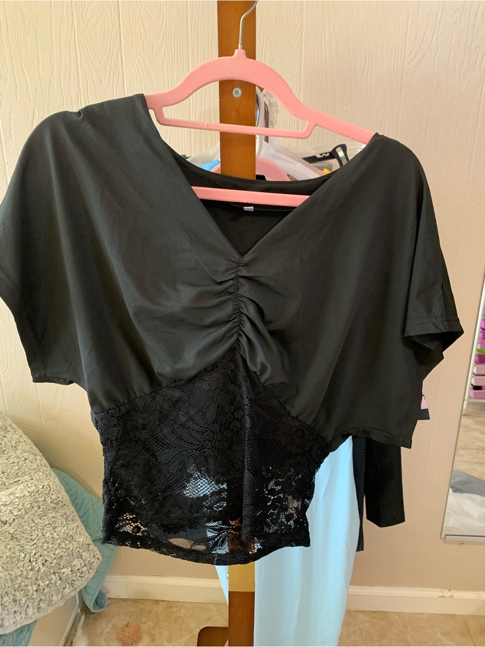 Black Lace-Trim Ruched V-Neck Women's Top